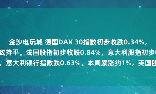 金沙电玩城 德国DAX 30指数初步收跌0.34%，报25267.27点，本周大致持平。法国股指初步收跌0.84%，意大利股指初步收跌0.31%，意大利银行指数跌0.63%、本周累涨约1%，英国股指初步收跌0.16%、本周累涨0.9%。